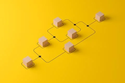 Business process and workflow automation with flowchart. Wooden cube block .. Stockfoto's