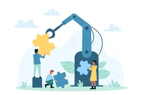 Business process automation, tiny people use of robots and machines, automated Stock Illustration