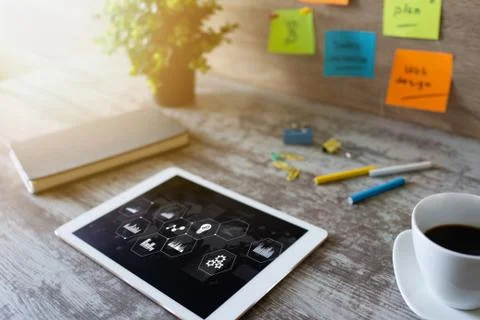 Business process control panel and data analysing monitor with chart and Stock Photos