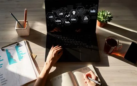 Business process control panel and data analysing monitor with chart and Stock Photos