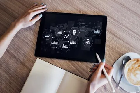 Business process control panel and data analysing monitor with chart and Stock-Fotos