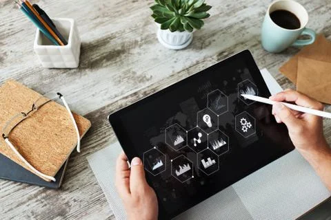 Business process control panel and data analysing monitor with chart and diag Stock Photos