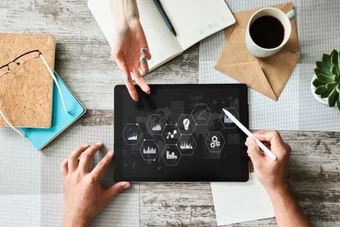 Business process control panel and data analysing monitor with chart and Stock Photos