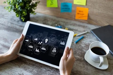 Business process control panel and data analysing monitor with chart and Stock Photos