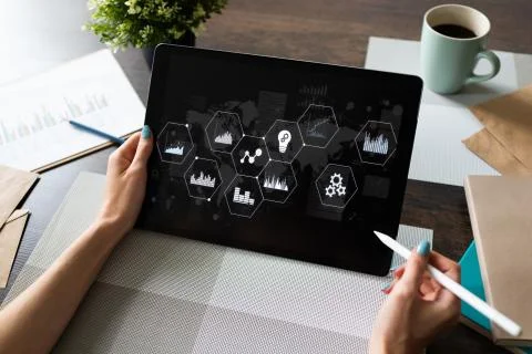 Business process control panel and data analysing monitor with chart and Stock Photos