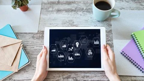 Business process control panel and data analysing monitor with chart and Stock Photos
