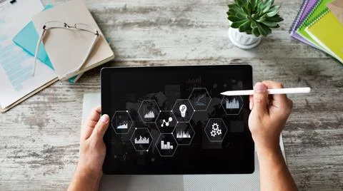 Business process control panel and data analysing monitor with chart and Stock Photos