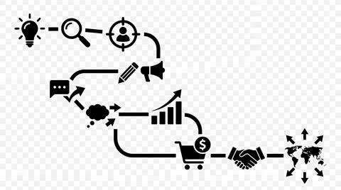 Business process flow chart with marketing and sales icons Stock Illustration