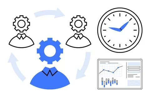 Business process flowchart with gear-head figures, clock, and data analytic.. Stock Illustration