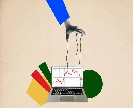Business process. Hands with graphs and charts. Contemporary collage. Concept of Stock Illustration