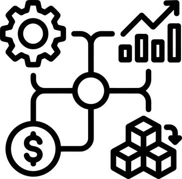Business process integration icon featuring a central node connected to gea.. Illustration