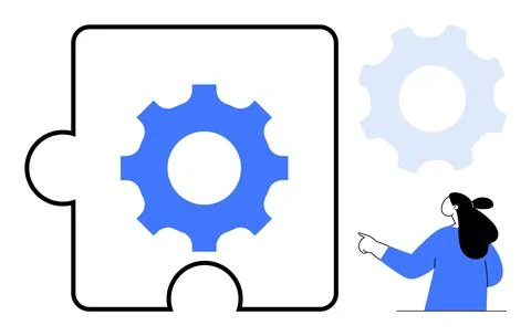 Business Process Integration Puzzle Piece with Gear and Person Pointing Stock Illustration