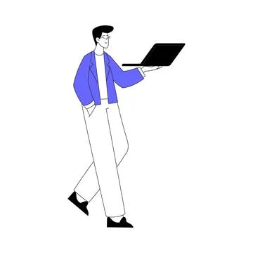 Business Process with Man Character Walking with Laptop Vector Illustration 스톡 일러스트