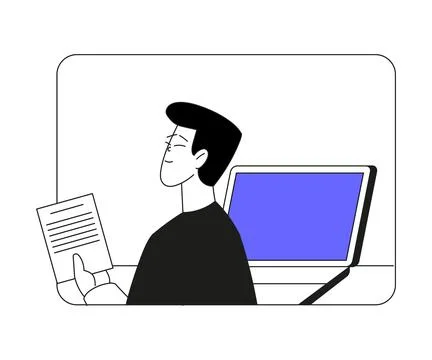 Business Process with Man Character in Web Window with Paper Document Vector Stock Illustration