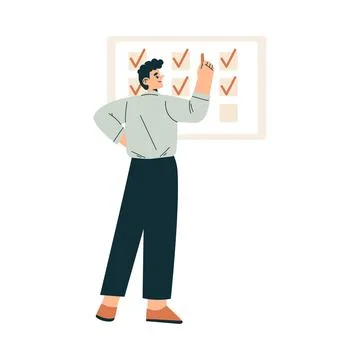 Business Process with Man Stand at Board Tick Task Vector Illustration 스톡 일러스트