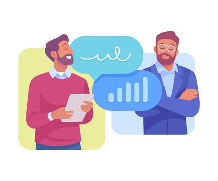 Business Process with Man Talking Busy with Analytics Vector Illustration Illustrazione stock
