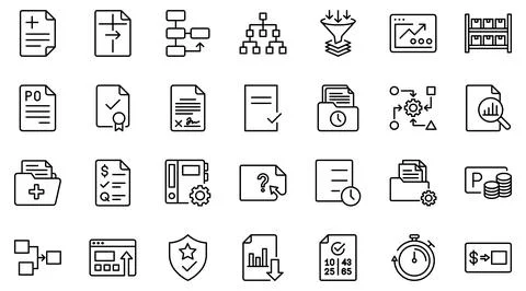 Business Process Management and Document Flow Line Icon Set Stock Illustration