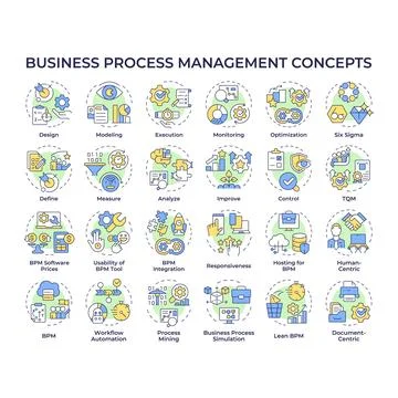 Business process management multi color concept icons Stock Illustration
