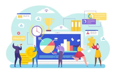 Business process management vector illustration, cartoon tiny people workers 스톡 일러스트