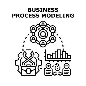 Business process modeling illustrating strategy, teamwork, and data managemen Stock Illustration