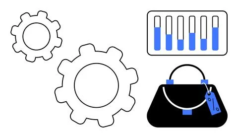 Business Process Optimization with Cogs, Graph, and Handbag Representing Ma.. Illustrazione stock
