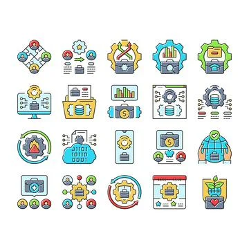 Business process optimization icons set vector Illustrazione stock