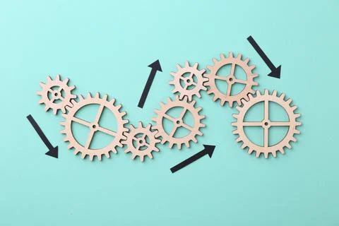 Business process organization and optimization. Scheme with wooden figures .. Stock Photos