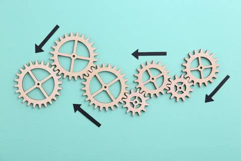 Business process organization and optimization. Scheme with wooden figures .. Stock Photos