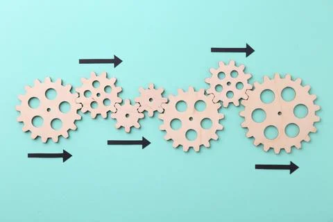 Business process organization and optimization. Scheme with wooden figures .. Stock Photos