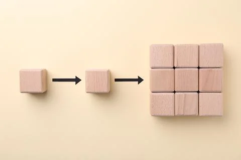 Business process organization and optimization. Scheme with wooden figures .. 스톡 사진