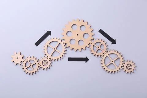Business process organization and optimization. Scheme with wooden figures .. 스톡 사진
