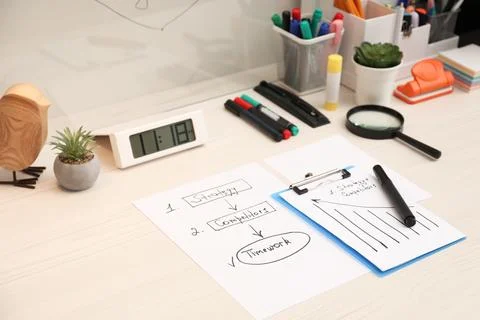 Business process planning and optimization. Workplace with plan, notebook a.. Stock Photos
