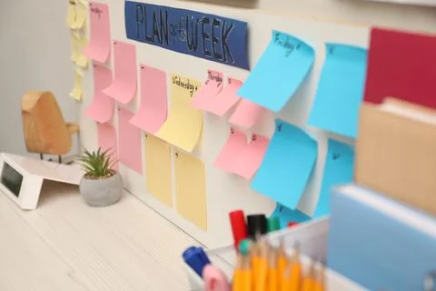 Business process planning and optimization. Workplace with colorful paper n.. Stock Photos