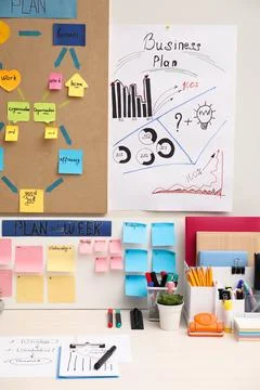 Business process planning and optimization. Workplace with colorful paper n.. Stock Photos