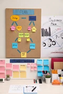 Business process planning and optimization. Workplace with colorful paper n.. Stock Photos