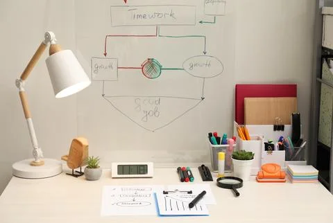 Business process planning and optimization. Workplace with lamp, notebook a.. Stock Photos