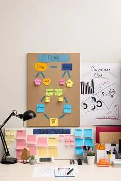 Business process planning and optimization. Workplace with lamp, colorful p.. Stock Photos
