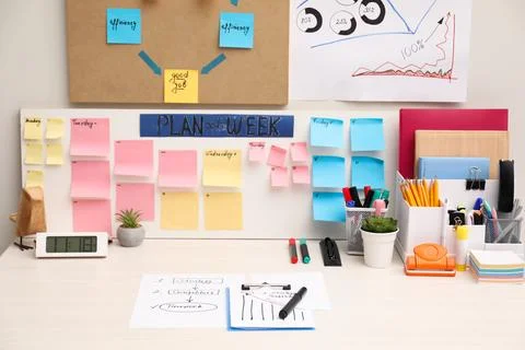 Business process planning and optimization. Workplace with colorful paper n.. Stock Photos