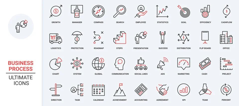 Business process red black thin line icons set, technology of effective work Stock Illustration