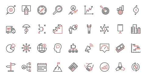 Business process red black thin line icons set, technology of effective work Stockillustratie