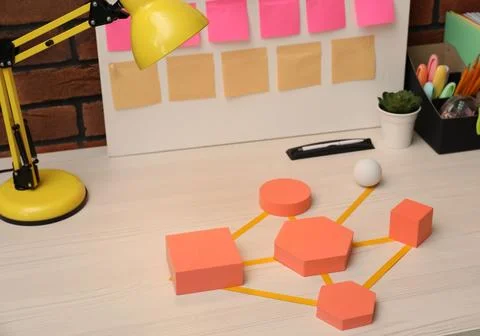 Business process scheme with geometric figures and stationery on wooden table Stock Photos