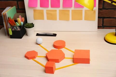 Business process scheme with geometric figures and stationery on wooden table Stock Photos