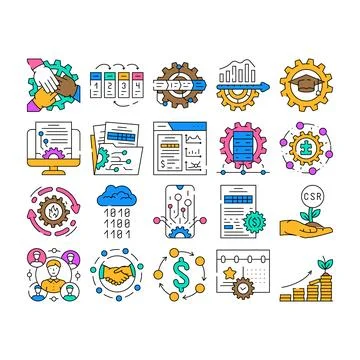 Business process technology chart icons set vector Illustrazione stock