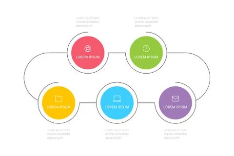 Business process. Timeline infographics with 5 options, circles. 스톡 일러스트
