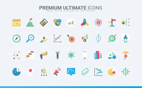 Business process trendy flat icons set, technology of effective work activity Stock Illustration