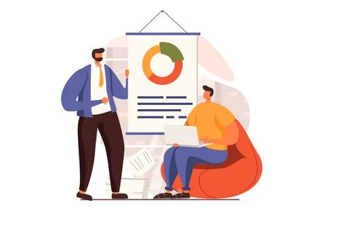 Business process web concept in flat design. Men analyze data and create Illustrazione stock