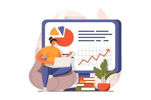 Business process web concept in flat design. Woman makes financial report Stock Illustration