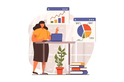 Business process web concept in flat design. Woman analyzes financial statistics Stock Illustration