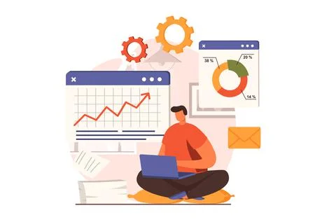 Business process web concept in flat design. Man analyzes financial statistics イラスト素材