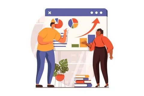 Business process web concept in flat design. Man and woman discussing report Stock Illustration